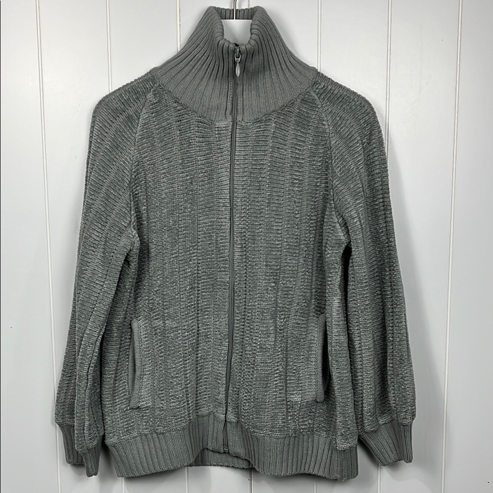 Draper & Damon Womens Cardigan PM Dusty Blue Zip Front Pockets Knit Collar Soft